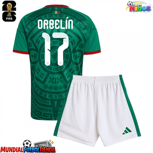 Camiseta México Orbelin Pineda #17 Primera Equipación Replica Mundial 2026 para niños mangas cortas (+ Pantalones cortos)